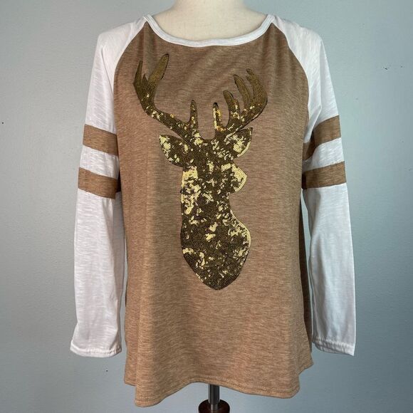Sequined Gold Reindeer Long Sleeve Top Size L EUC - Picture 1 of 4